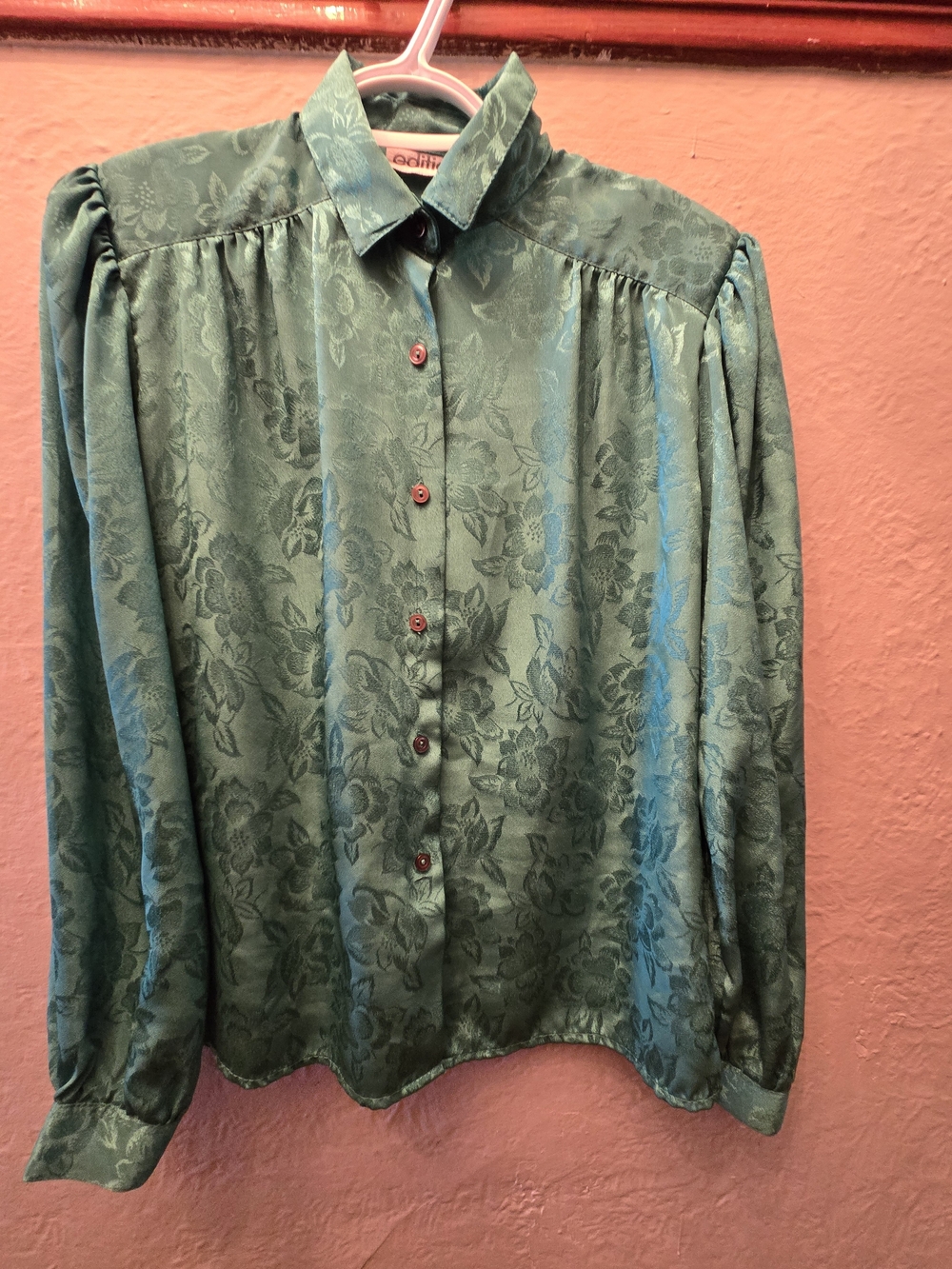 Vintage Editions Emerald Green Floral Jacquard Blouse Women's Medium - Picture 7 of 12